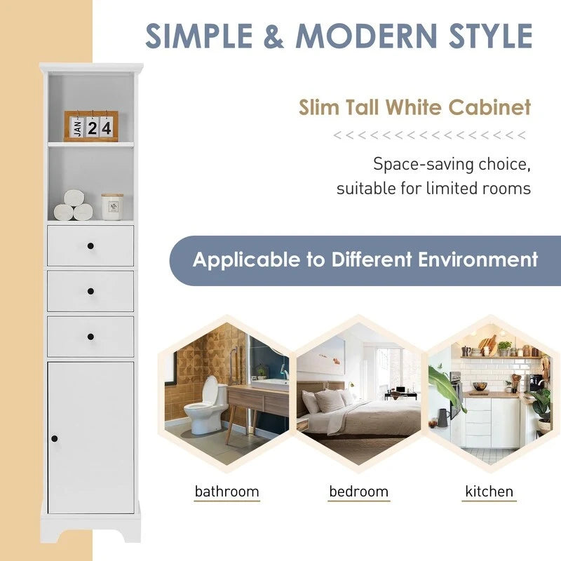 White Tall Freestanding Bathroom Cabinet 3 Drawers Open Shelves Door MDF Storage