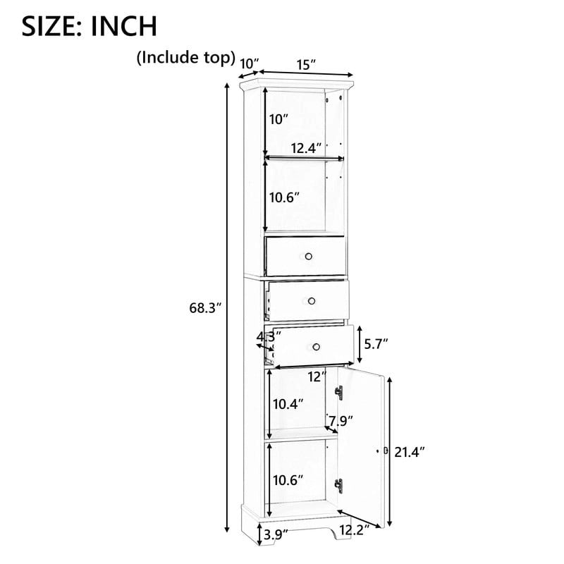 White Tall Freestanding Bathroom Cabinet 3 Drawers Open Shelves Door MDF Storage