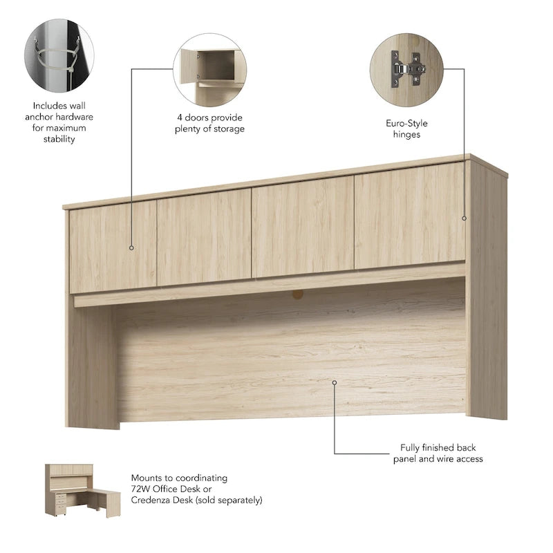 72W Office Desk Hutch 4 Door Laminate Storage Cabinet Wire Management Multiple Finishes