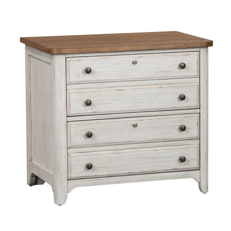 Lateral File Cabinet 2 Locking Drawers Chestnut Top Antique White Distressed Pine Brass Knobs