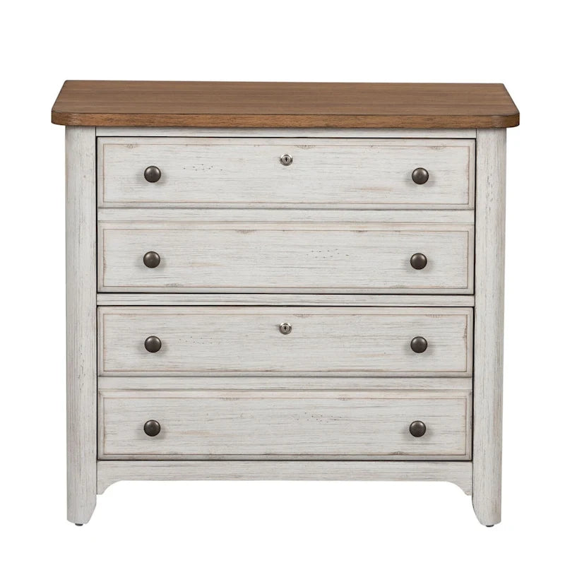 Lateral File Cabinet 2 Locking Drawers Chestnut Top Antique White Distressed Pine Brass Knobs