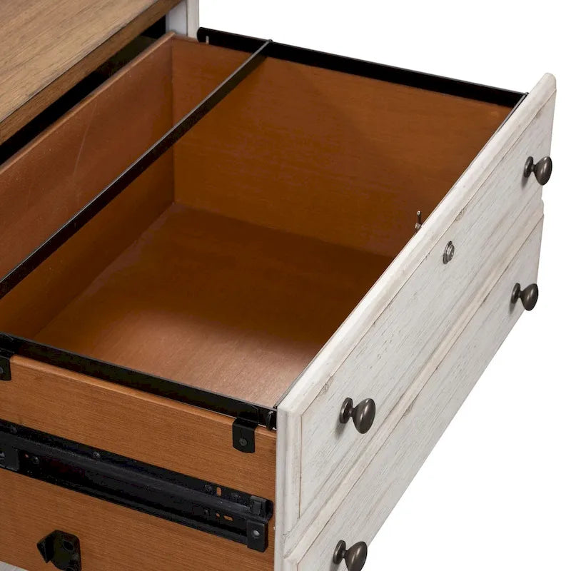 Lateral File Cabinet 2 Locking Drawers Chestnut Top Antique White Distressed Pine Brass Knobs