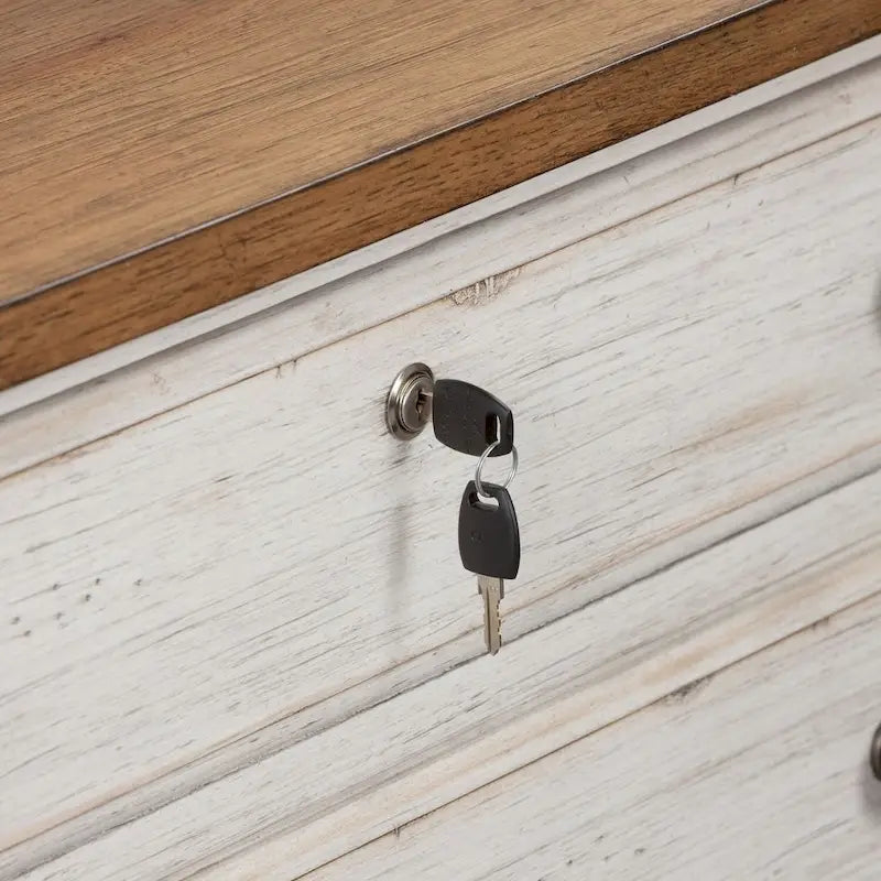 Lateral File Cabinet 2 Locking Drawers Chestnut Top Antique White Distressed Pine Brass Knobs