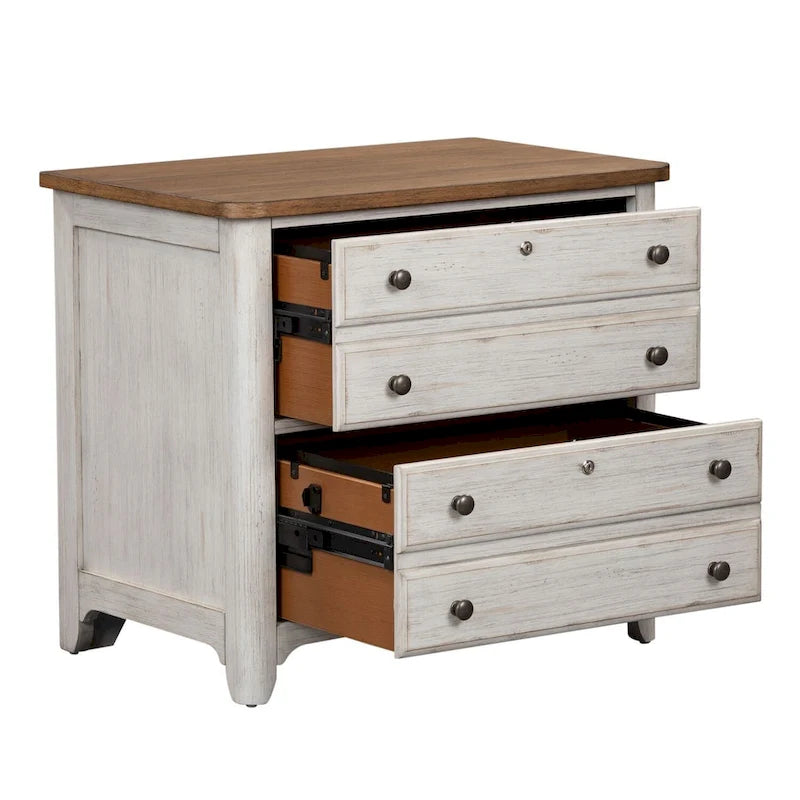 Lateral File Cabinet 2 Locking Drawers Chestnut Top Antique White Distressed Pine Brass Knobs