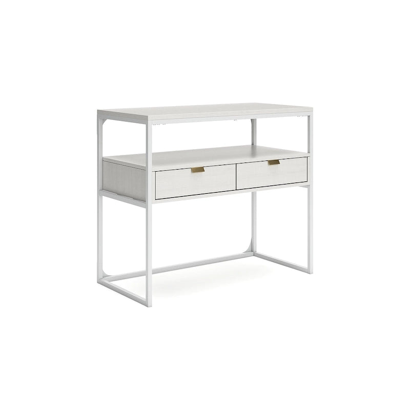 White Wood Grain Credenza Console Table 2 Drawers Open Shelf Gold Metal Frame