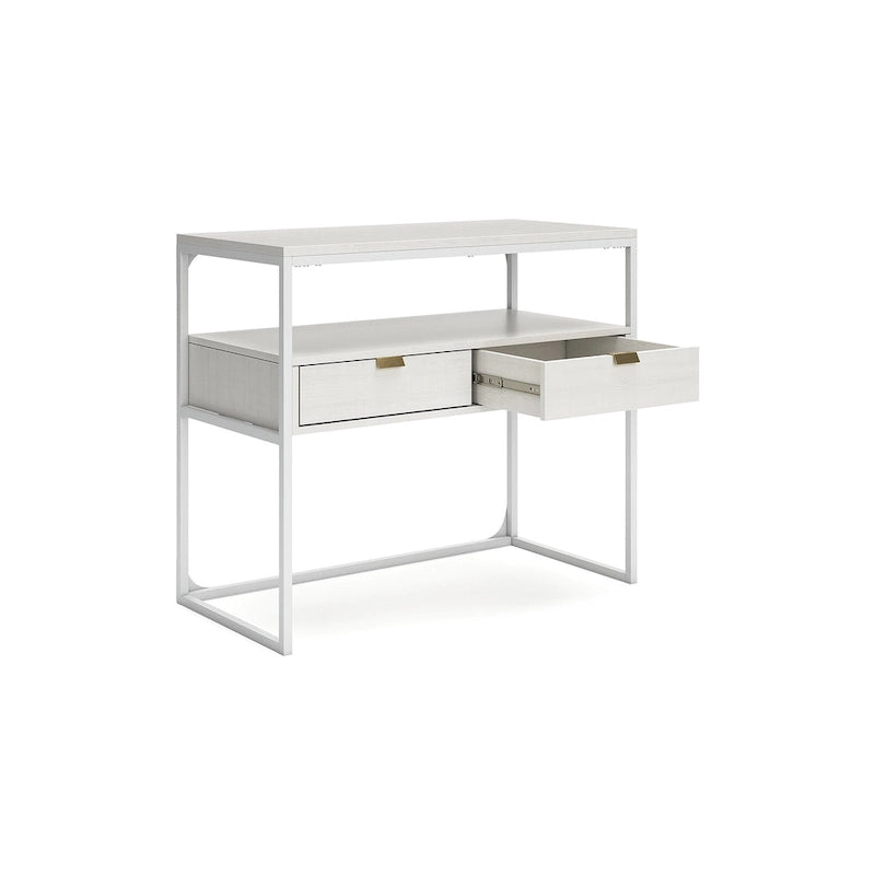 White Wood Grain Credenza Console Table 2 Drawers Open Shelf Gold Metal Frame