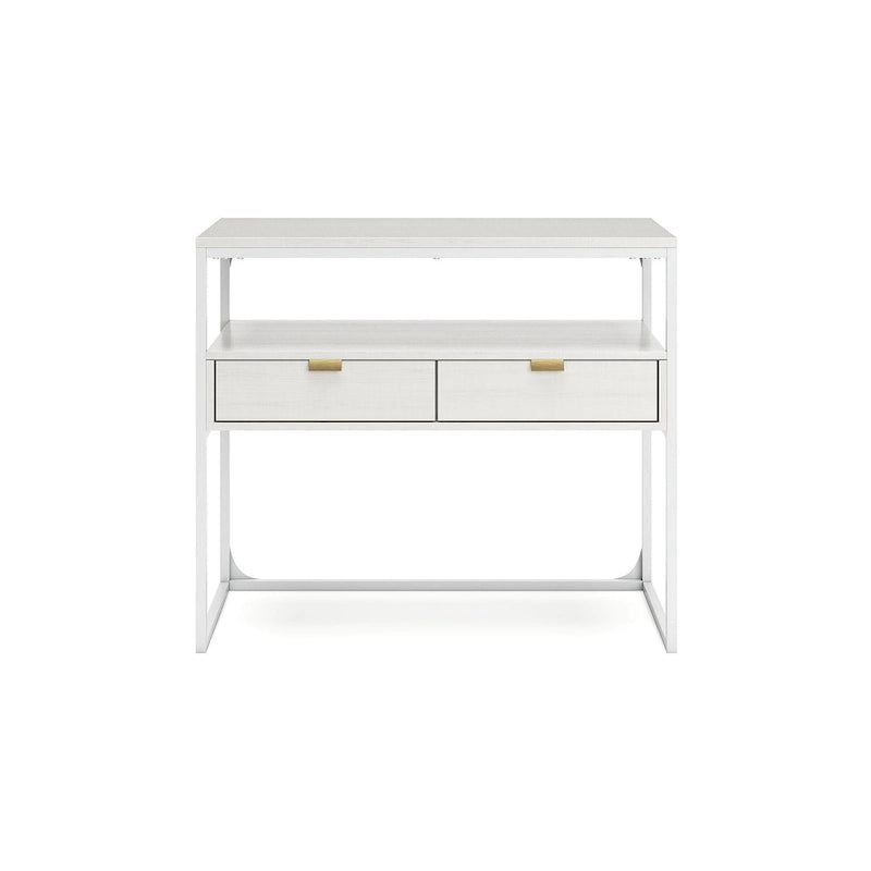 White Wood Grain Credenza Console Table 2 Drawers Open Shelf Gold Metal Frame