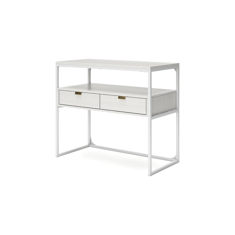 White Wood Grain Credenza Console Table 2 Drawers Open Shelf Gold Metal Frame