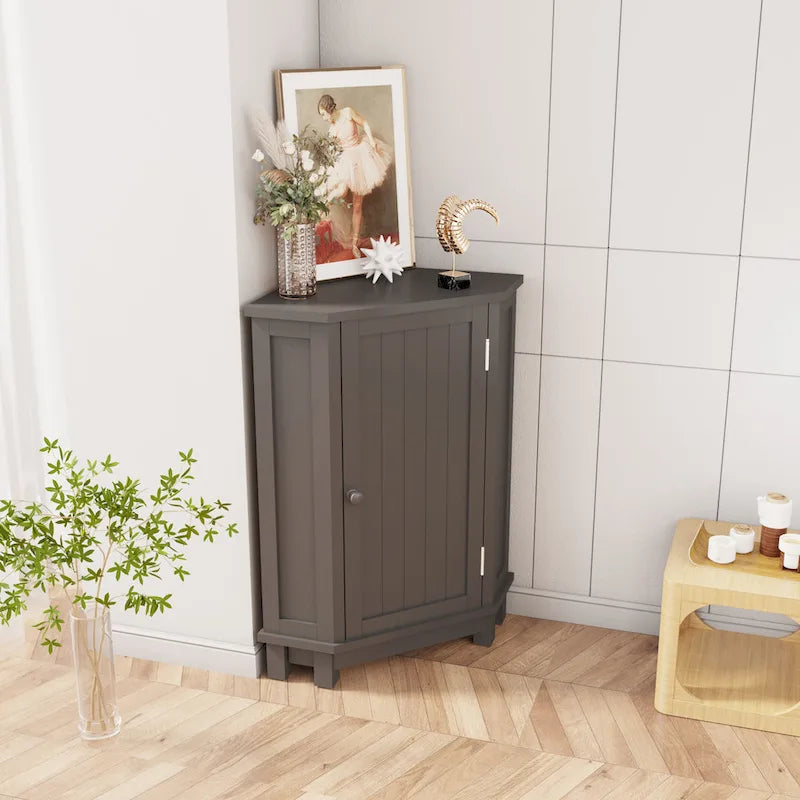 Corner Bathroom Cabinet Single Door 2 Interior Shelves Ceramic Knob Moisture Resistant MDF