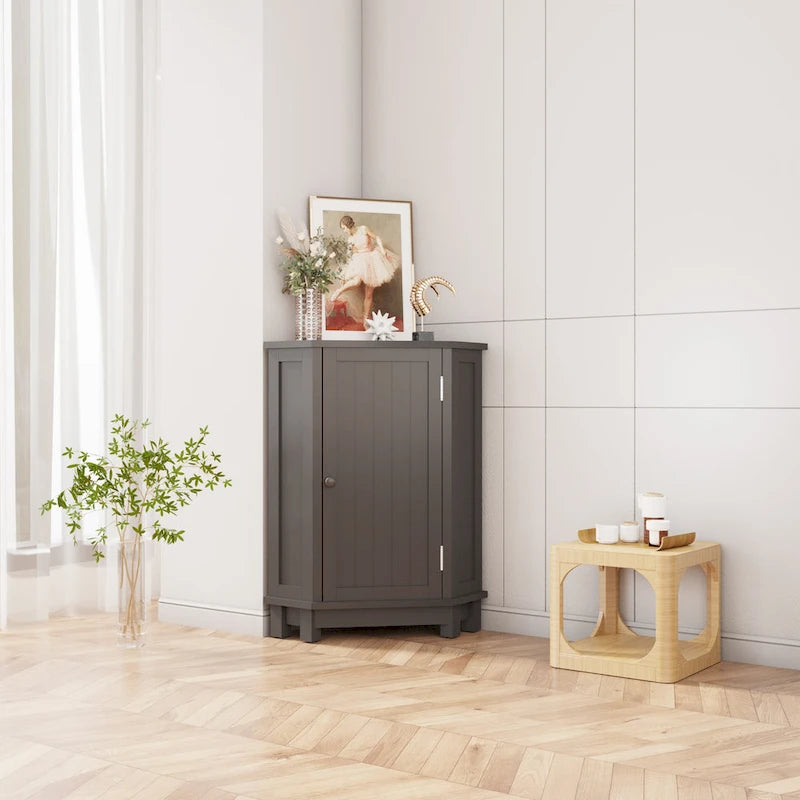 Corner Bathroom Cabinet Single Door 2 Interior Shelves Ceramic Knob Moisture Resistant MDF