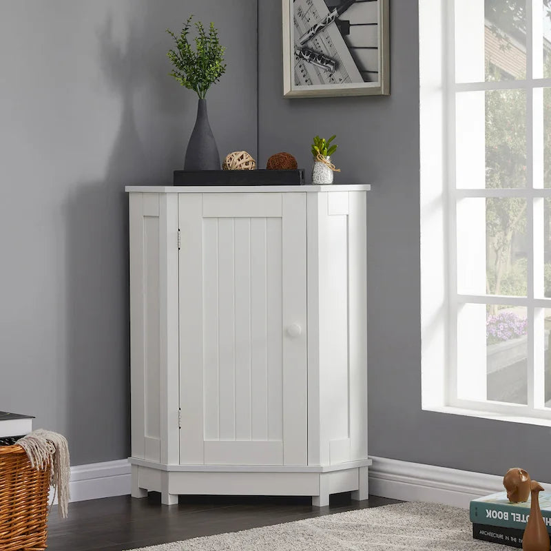 Corner Bathroom Cabinet Single Door 2 Interior Shelves Ceramic Knob Moisture Resistant MDF