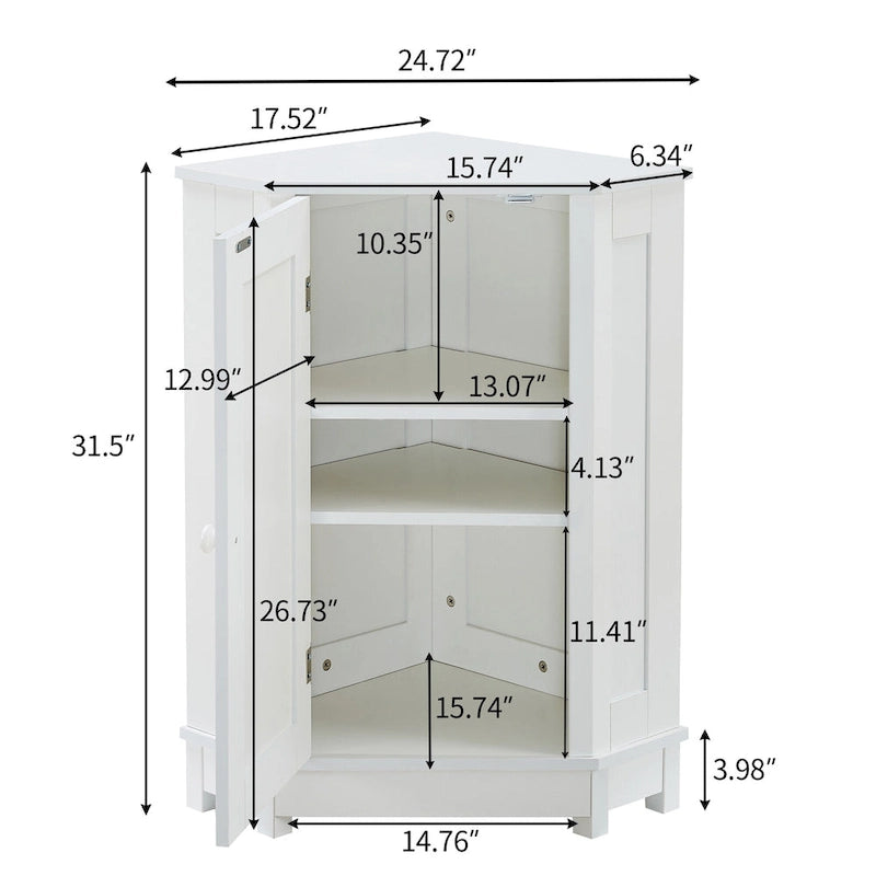 Corner Bathroom Cabinet Single Door 2 Interior Shelves Ceramic Knob Moisture Resistant MDF