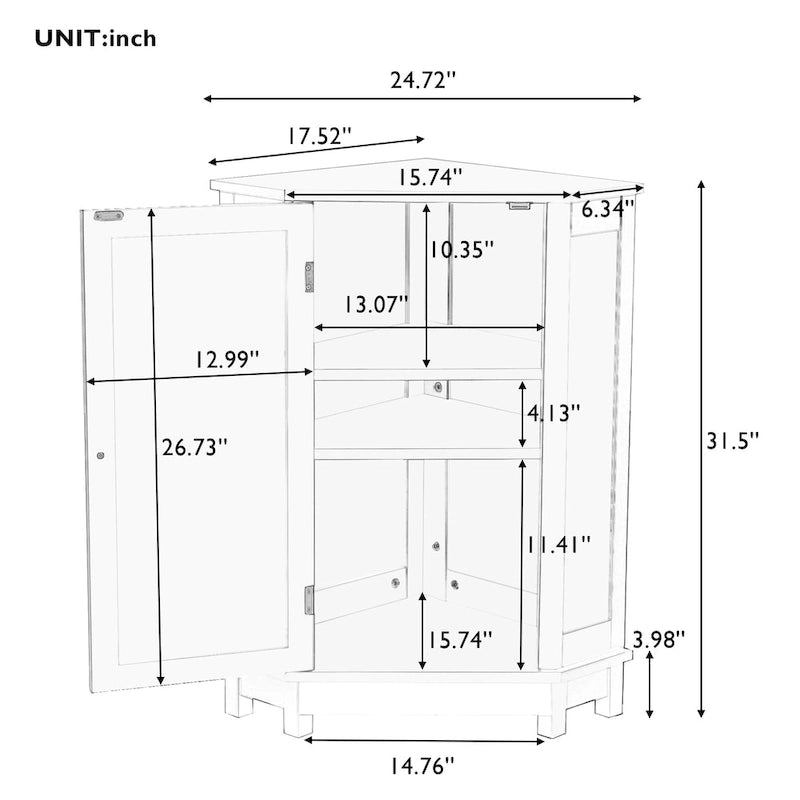 Corner Bathroom Cabinet Single Door 2 Interior Shelves Ceramic Knob Moisture Resistant MDF