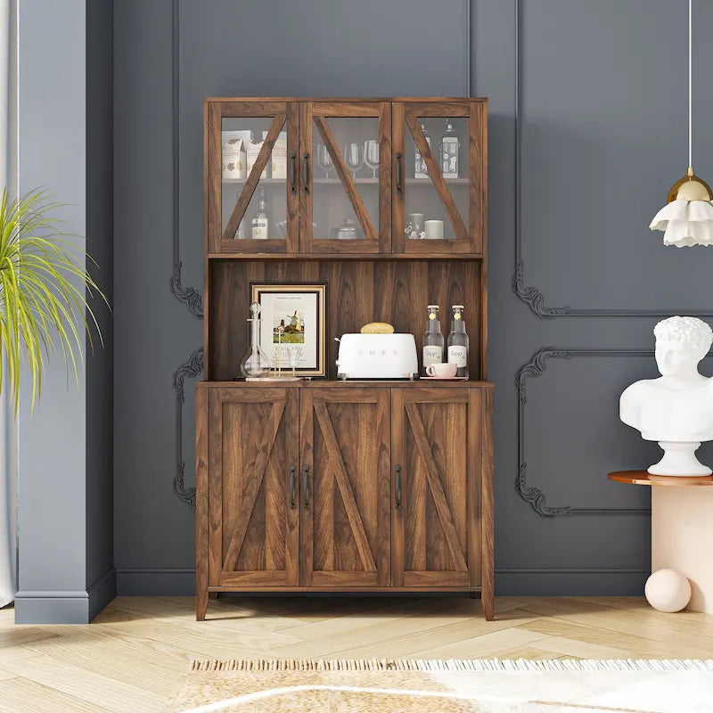 Tall Kitchen Pantry Cabinet Glass Doors Open Shelf Freestanding Wood Hutch Storage