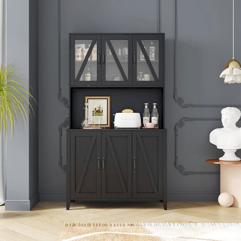 Tall Kitchen Pantry Cabinet Glass Doors Open Shelf Freestanding Wood Hutch Storage