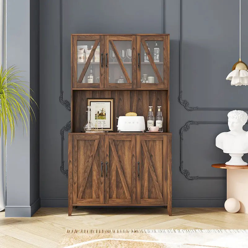 Tall Kitchen Pantry Cabinet Glass Doors Open Shelf Freestanding Wood Hutch Storage