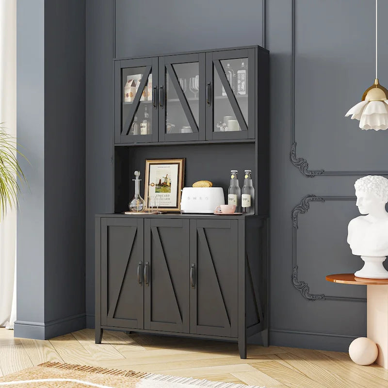 Tall Kitchen Pantry Cabinet Glass Doors Open Shelf Freestanding Wood Hutch Storage
