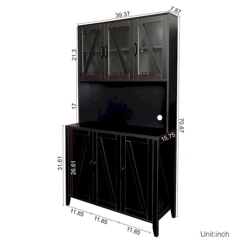 Tall Kitchen Pantry Cabinet Glass Doors Open Shelf Freestanding Wood Hutch Storage