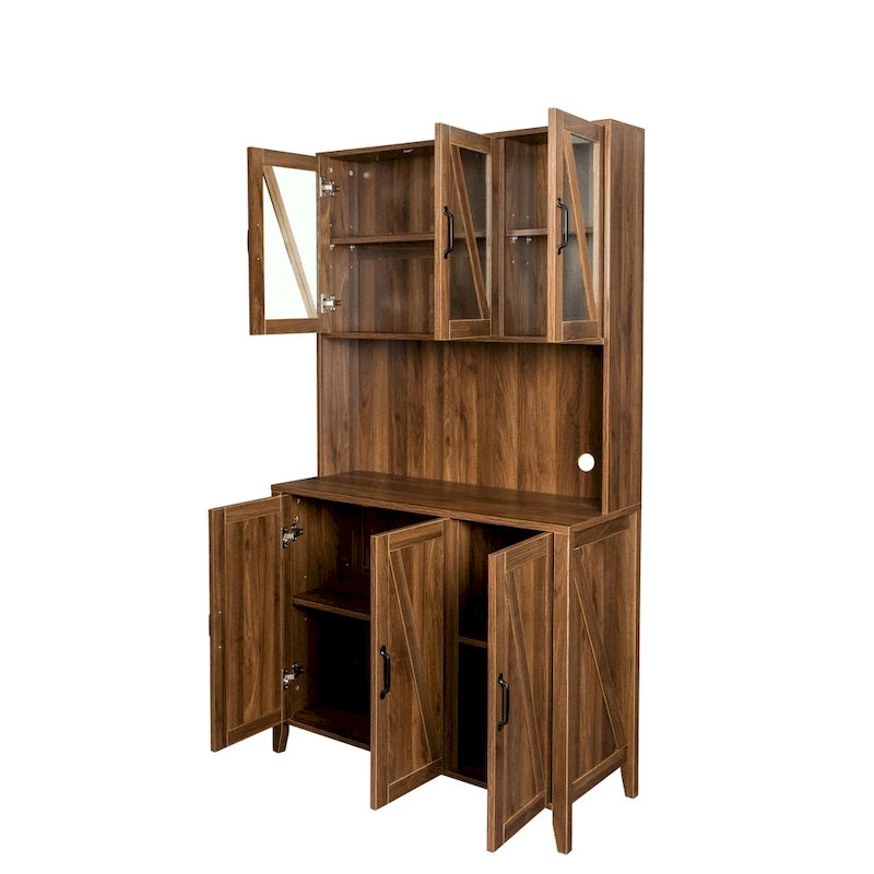 Tall Kitchen Pantry Cabinet Glass Doors Open Shelf Freestanding Wood Hutch Storage