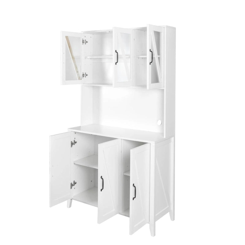 Tall Kitchen Pantry Cabinet Glass Doors Open Shelf Freestanding Wood Hutch Storage