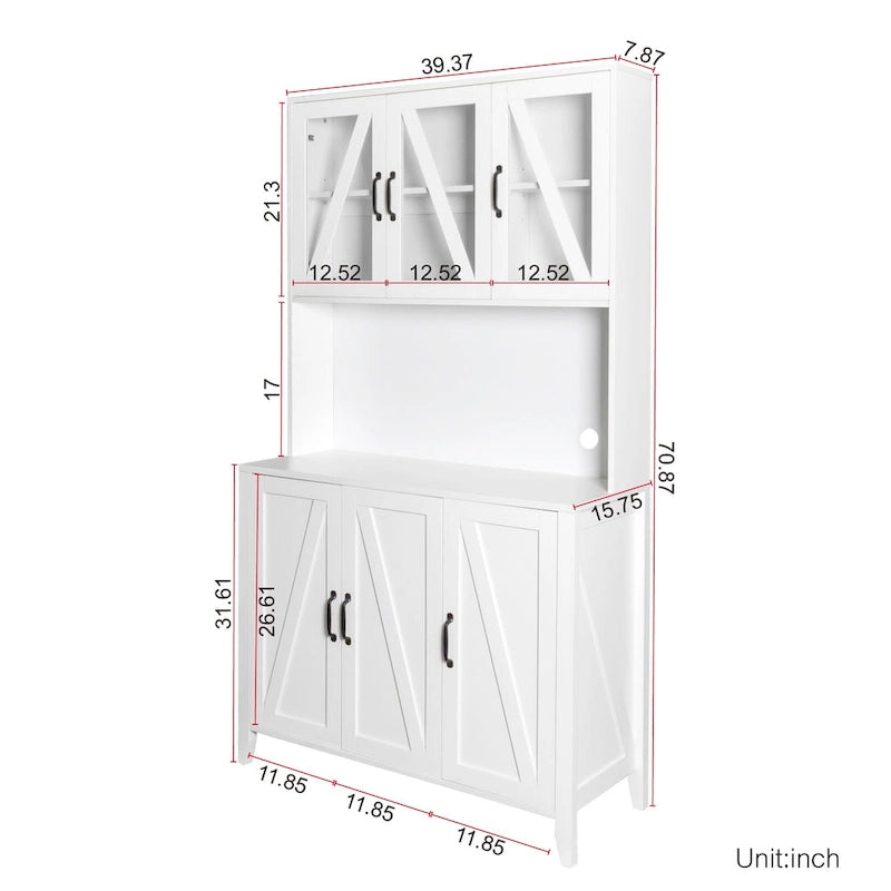 Tall Kitchen Pantry Cabinet Glass Doors Open Shelf Freestanding Wood Hutch Storage