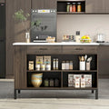 Dark Brown Kitchen Island with Marble Top 2 Drawers Open Storage Shelves