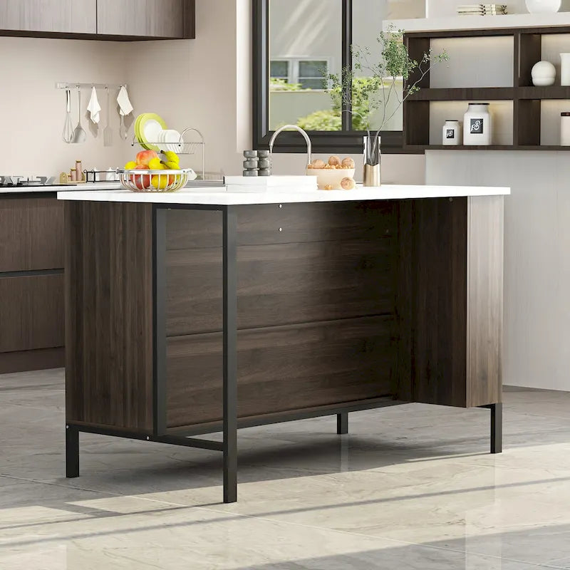Dark Brown Kitchen Island with Marble Top 2 Drawers Open Storage Shelves