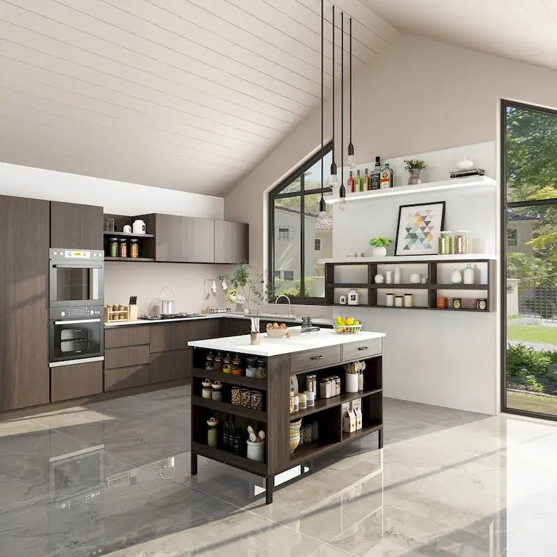 Dark Brown Kitchen Island with Marble Top 2 Drawers Open Storage Shelves