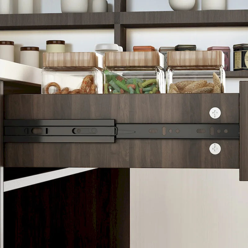 Dark Brown Kitchen Island with Marble Top 2 Drawers Open Storage Shelves