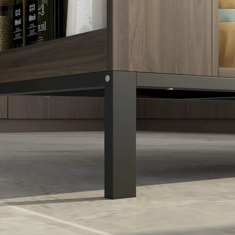 Dark Brown Kitchen Island with Marble Top 2 Drawers Open Storage Shelves