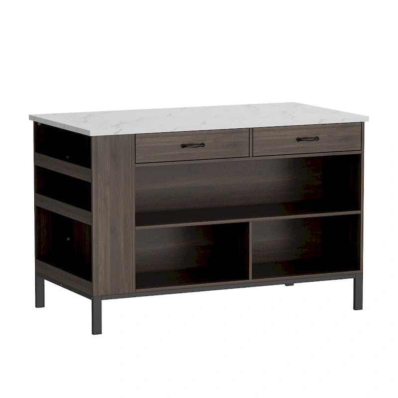 Dark Brown Kitchen Island with Marble Top 2 Drawers Open Storage Shelves