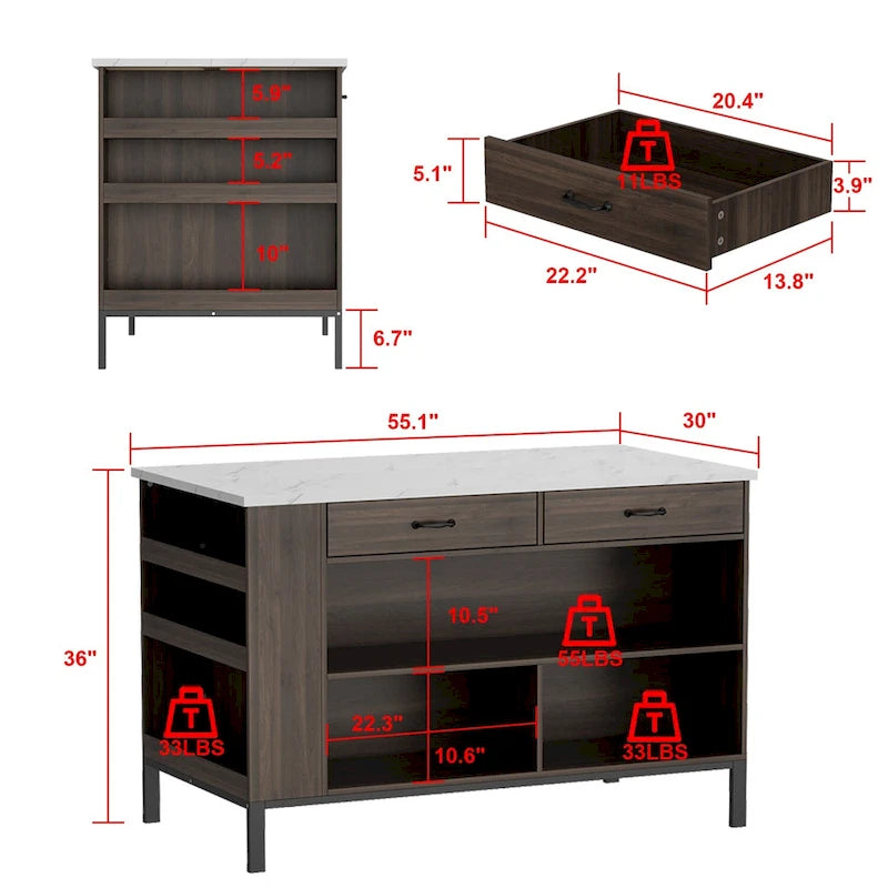 Dark Brown Kitchen Island with Marble Top 2 Drawers Open Storage Shelves