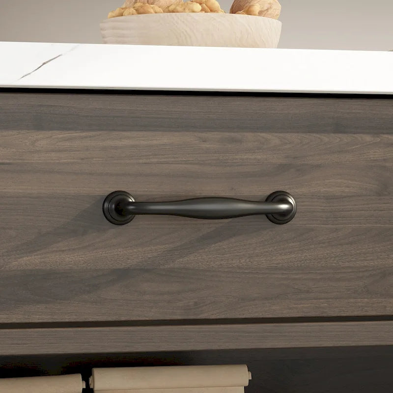 Dark Brown Kitchen Island with Marble Top 2 Drawers Open Storage Shelves
