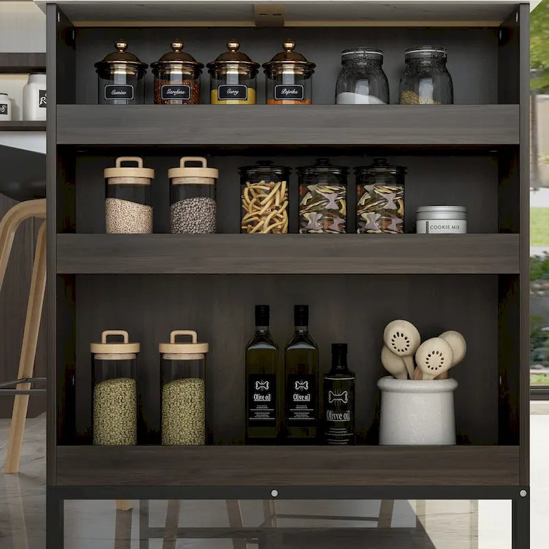 Dark Brown Kitchen Island with Marble Top 2 Drawers Open Storage Shelves
