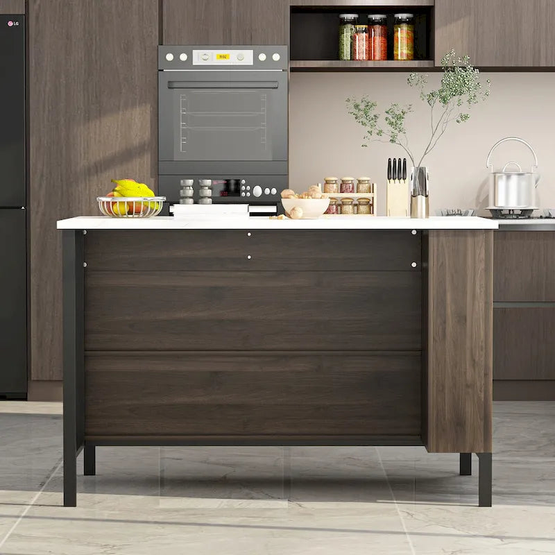 Dark Brown Kitchen Island with Marble Top 2 Drawers Open Storage Shelves