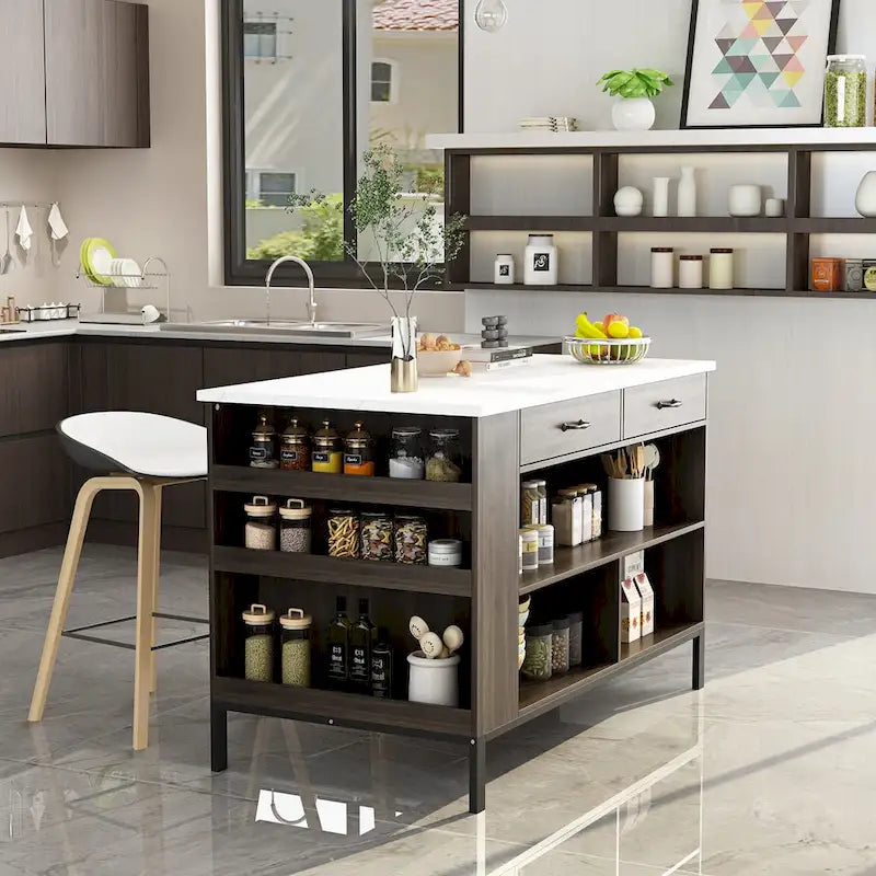 Dark Brown Kitchen Island with Marble Top 2 Drawers Open Storage Shelves