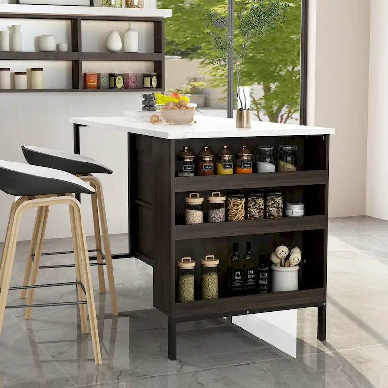 Dark Brown Kitchen Island with Marble Top 2 Drawers Open Storage Shelves