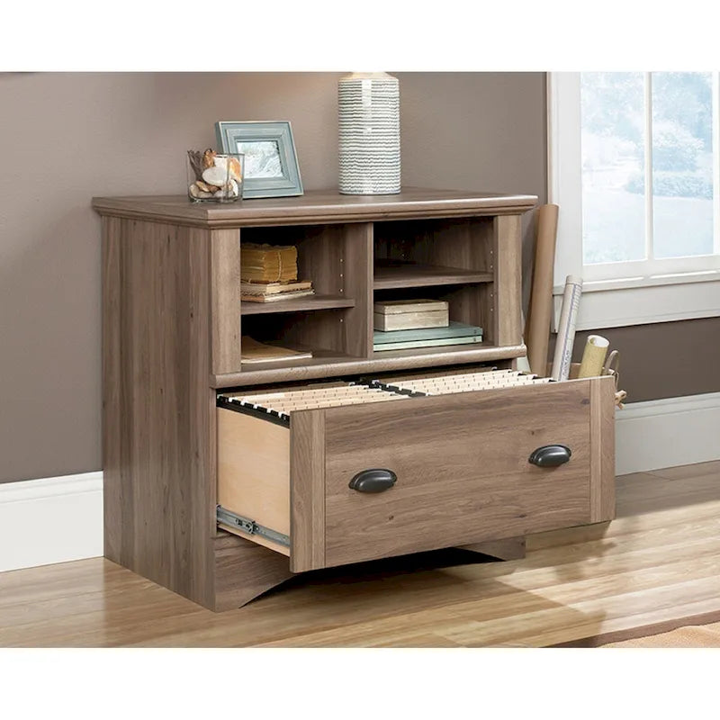 Lateral File Cabinet Open Cubby Shelves Locking File Drawer Full Extension Slides Rustic