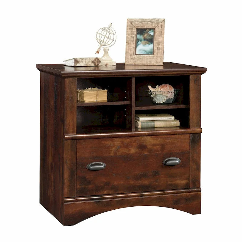 Lateral File Cabinet Open Cubby Shelves Locking File Drawer Full Extension Slides Rustic