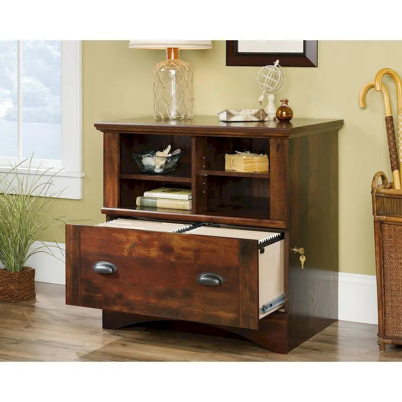 Lateral File Cabinet Open Cubby Shelves Locking File Drawer Full Extension Slides Rustic