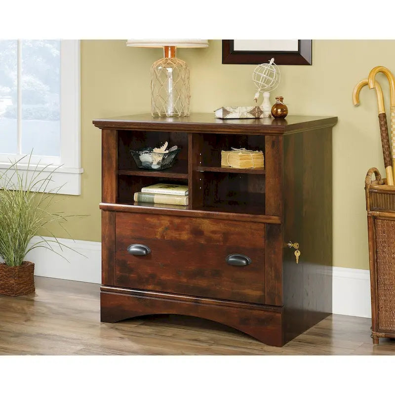 Lateral File Cabinet Open Cubby Shelves Locking File Drawer Full Extension Slides Rustic