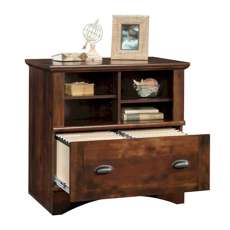 Lateral File Cabinet Open Cubby Shelves Locking File Drawer Full Extension Slides Rustic