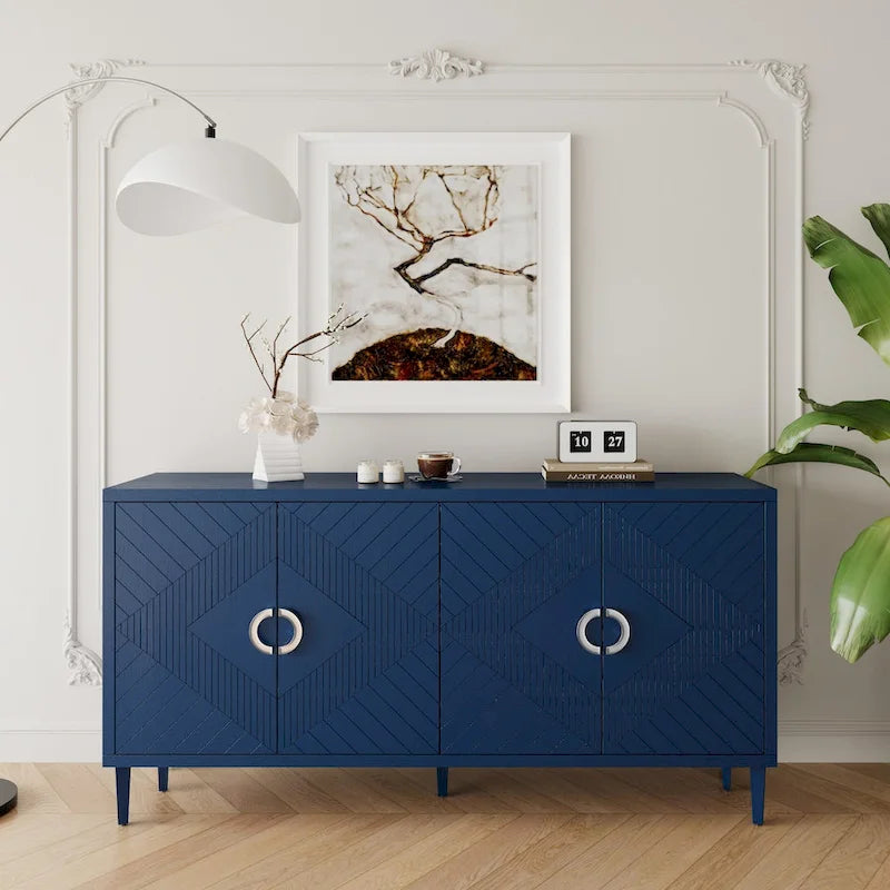 4 Door Sideboard Geometric Diamond Carved Panel Round Ring Pulls Pine Legs Adjustable Shelf
