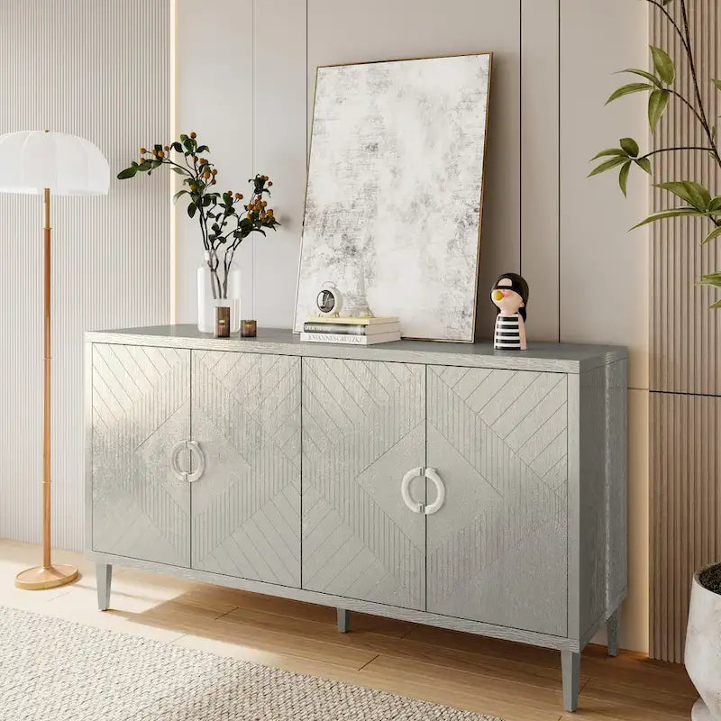 4 Door Sideboard Geometric Diamond Carved Panel Round Ring Pulls Pine Legs Adjustable Shelf