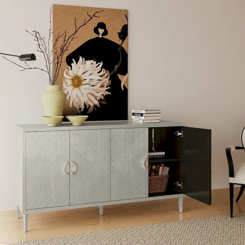4 Door Sideboard Geometric Diamond Carved Panel Round Ring Pulls Pine Legs Adjustable Shelf