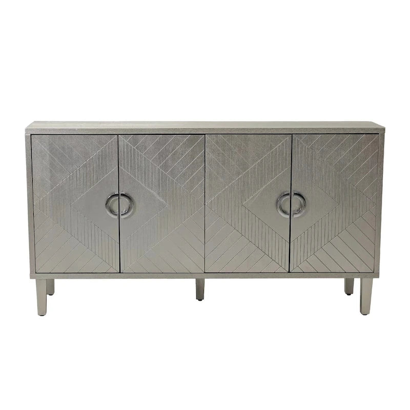 4 Door Sideboard Geometric Diamond Carved Panel Round Ring Pulls Pine Legs Adjustable Shelf