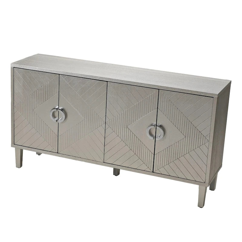 4 Door Sideboard Geometric Diamond Carved Panel Round Ring Pulls Pine Legs Adjustable Shelf