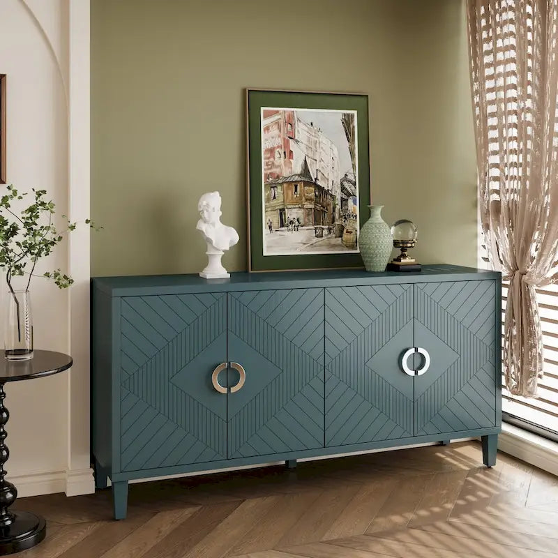 4 Door Sideboard Geometric Diamond Carved Panel Round Ring Pulls Pine Legs Adjustable Shelf