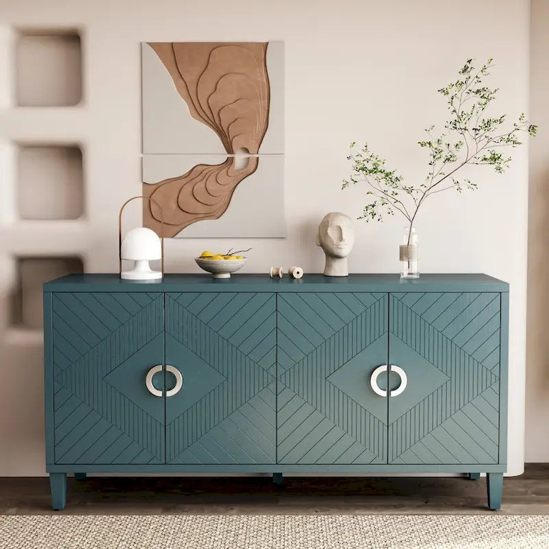 4 Door Sideboard Geometric Diamond Carved Panel Round Ring Pulls Pine Legs Adjustable Shelf
