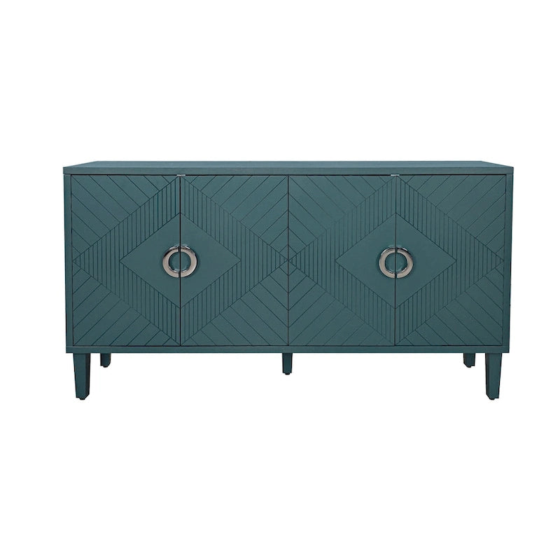 4 Door Sideboard Geometric Diamond Carved Panel Round Ring Pulls Pine Legs Adjustable Shelf